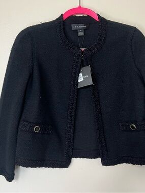 St. John Black Bouclé Trim Collarless Jacket. Women. Size 6. NWT